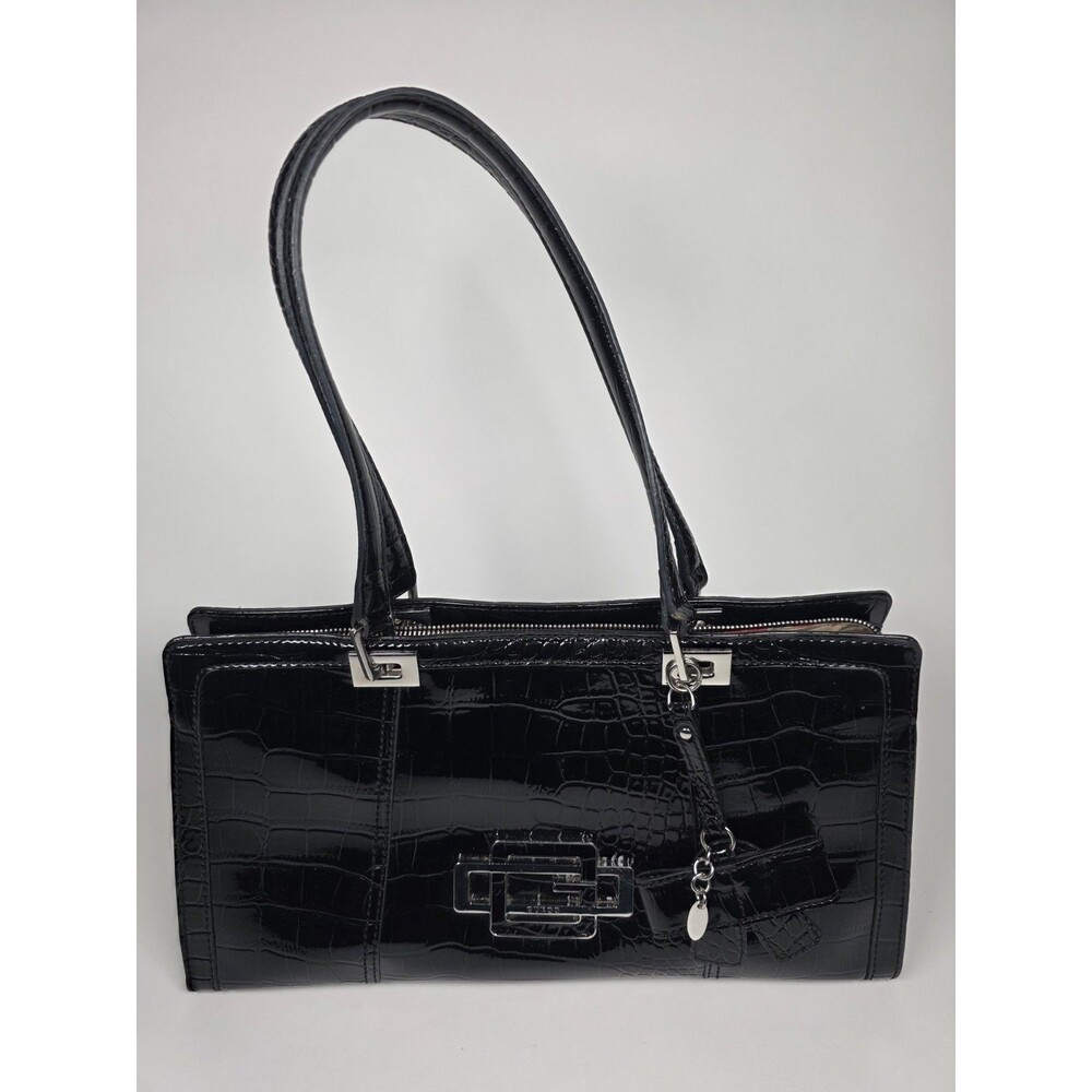 GUESS Black Patent Croc Embossed Large Shoulder Bag Tote Y2K Bow Charm